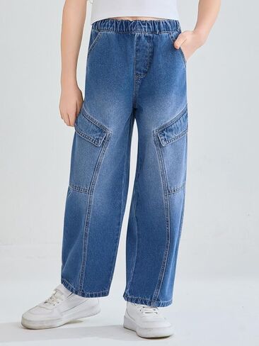 Haloumoning Girls Jeans Baggy Wide Leg Elastic High Waisted Denim Pants Y2K Boyfriend Jeans with Pockets 5-14Y in Saudi Arabia