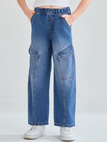 Haloumoning Girls Jeans Baggy Wide Leg Elastic High Waisted Denim Pants Y2K Boyfriend Jeans with Pockets 5-14Y in Saudi Arabia