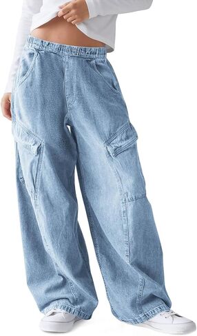 Haloumoning Girls Jeans Baggy Wide Leg Elastic High Waisted Denim Pants Y2K Boyfriend Jeans with Pockets 5-14Y in Saudi Arabia