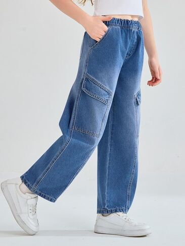 Haloumoning Girls Jeans Baggy Wide Leg Elastic High Waisted Denim Pants Y2K Boyfriend Jeans with Pockets 5-14Y in Saudi Arabia