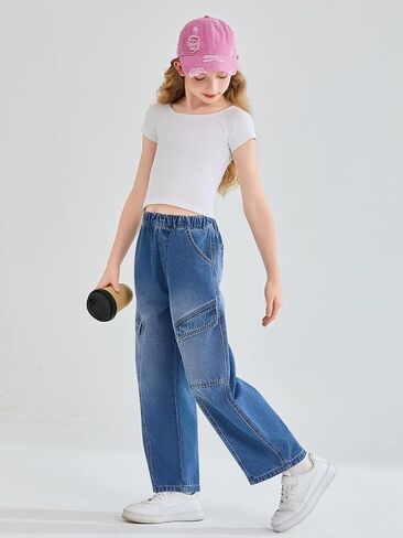 Haloumoning Girls Jeans Baggy Wide Leg Elastic High Waisted Denim Pants Y2K Boyfriend Jeans with Pockets 5-14Y in Saudi Arabia