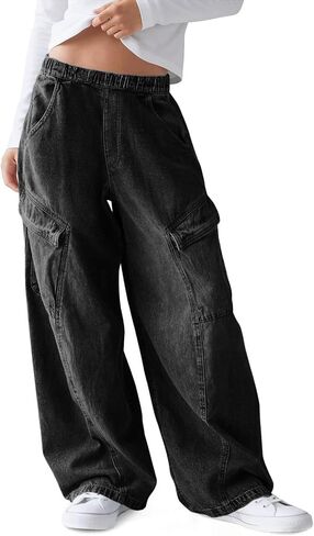 Haloumoning Girls Jeans Baggy Wide Leg Elastic High Waisted Denim Pants Y2K Boyfriend Jeans with Pockets 5-14Y in Saudi Arabia