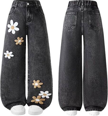 Cute Bow Jeans for Girls Baggy Kids Wide Leg Denim Pants High Elastic Waisted Y2K Boyfriend Skater Streetwear 6-14Y in Saudi Arabia