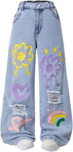 Nivne Tco Teen Girls Jeans Cute Graphic Print & Ripped Frayed Details Five Pockets Loose Fit Denim Pants with Zipper Fly in Saudi Arabia