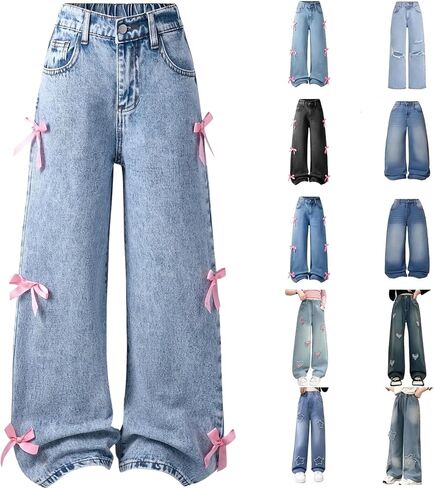 Girls Jeans Baggy Cute Jean Kids Y2K Denim Pants with Pockets High Waisted Embroidered Trousers for Teens in Kuwait