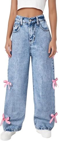 Girls Jeans Baggy Cute Jean Kids Y2K Denim Pants with Pockets High Waisted Embroidered Trousers for Teens in Kuwait