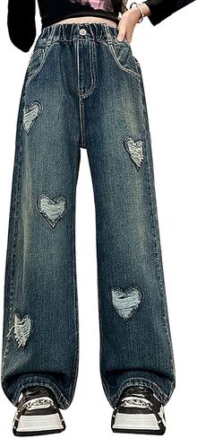 Girls Jeans Baggy Cute Jean Kids Y2K Denim Pants with Pockets High Waisted Embroidered Trousers for Teens in Kuwait