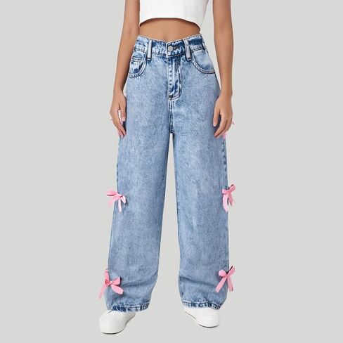 Girls Jeans Baggy Cute Jean Kids Y2K Denim Pants with Pockets High Waisted Embroidered Trousers for Teens in Kuwait