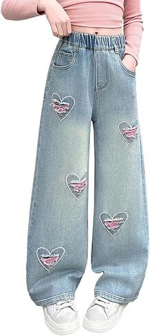 Girls Jeans Baggy Cute Jean Kids Y2K Denim Pants with Pockets High Waisted Embroidered Trousers for Teens in Kuwait