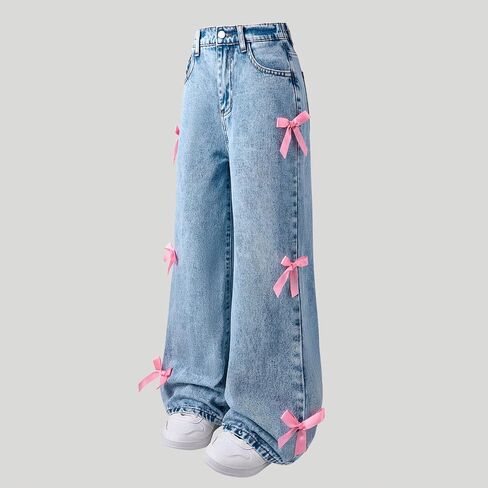 Girls Jeans Baggy Cute Jean Kids Y2K Denim Pants with Pockets High Waisted Embroidered Trousers for Teens in Kuwait