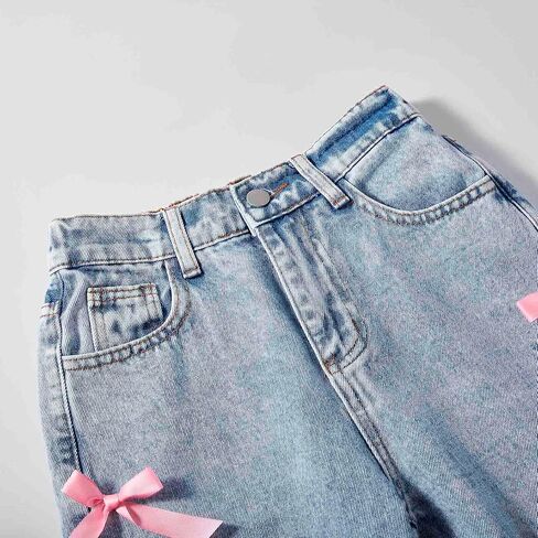 Girls Jeans Baggy Cute Jean Kids Y2K Denim Pants with Pockets High Waisted Embroidered Trousers for Teens in Kuwait