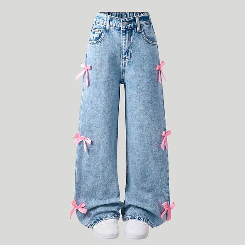 Girls Jeans Baggy Cute Jean Kids Y2K Denim Pants with Pockets High Waisted Embroidered Trousers for Teens in Kuwait