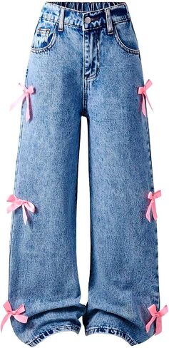 Girls Jeans Baggy Cute Jean Kids Y2K Denim Pants with Pockets High Waisted Embroidered Trousers for Teens in Kuwait