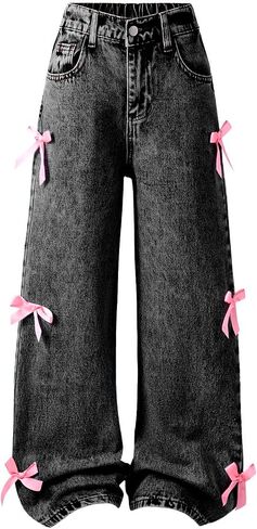 Girls Jeans Baggy Cute Jean Kids Y2K Denim Pants with Pockets High Waisted Embroidered Trousers for Teens in Kuwait