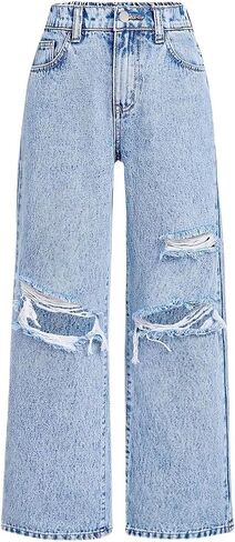 Girls Jeans Baggy Cute Jean Kids Y2K Denim Pants with Pockets High Waisted Embroidered Trousers for Teens in Kuwait