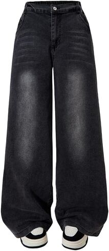 Nivne Tco Teen Girls Wide Leg Jeans with Cat Whisker Detail 5-Pocket Zipper Fly Loose Fit Baggy Denim Pants in Kuwait