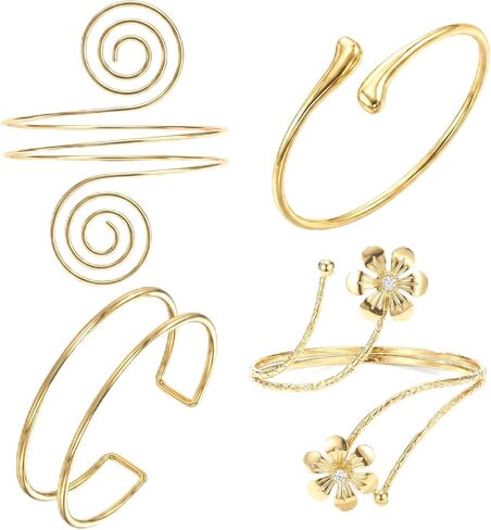 4pcs Arm Jewelry Upper Arm Brass Upper Arm Cuff Jewelry, Upper Arm Cuff Arm Bangle,Adjustable Women's Bangle Bracelets Set Minimalist Classical Coil Armlet Accessories for Women Party Wedding in Saudi Arabia