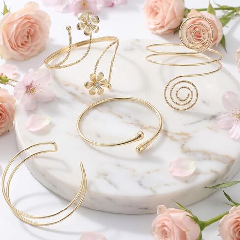 4pcs Arm Jewelry Upper Arm Brass Upper Arm Cuff Jewelry, Upper Arm Cuff Arm Bangle,Adjustable Women's Bangle Bracelets Set Minimalist Classical Coil Armlet Accessories for Women Party Wedding in Saudi Arabia