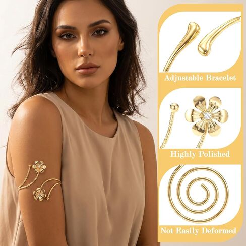 4pcs Arm Jewelry Upper Arm Brass Upper Arm Cuff Jewelry, Upper Arm Cuff Arm Bangle,Adjustable Women's Bangle Bracelets Set Minimalist Classical Coil Armlet Accessories for Women Party Wedding in Saudi Arabia