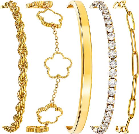 Gold Bracelets Set for Women Non Tarnish Waterproof 18K Gold Plated Lucky Floral Tennis Chunky Cuff Bracelet Tie Cuban Rope Paperclip Bracelet Stackable Trendy Fashion Accessories Stack Jewelry Gifts 5 Pcs for Mothers Day Birthday in Saudi Arabia
