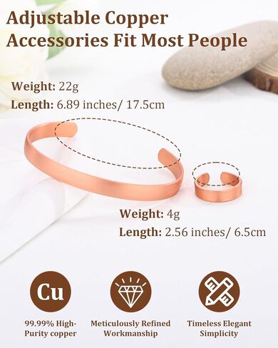 BioMag Pure Copper Bracelet & Ring for Women Men, 99.99% Solid Handmade Copper Cuff Bangle, Adjustable Jewelry Gift with Gift Box in Saudi Arabia
