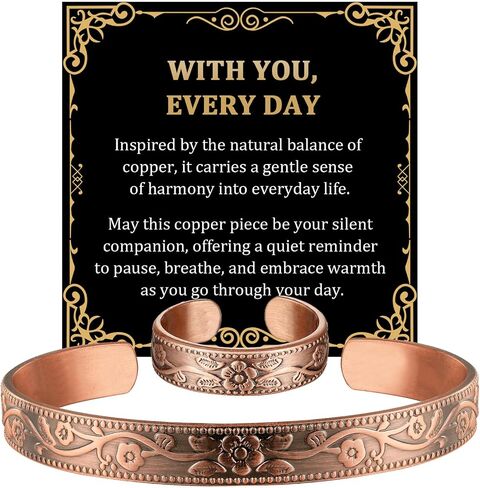 BioMag Pure Copper Bracelet & Ring for Women Men, 99.99% Solid Handmade Copper Cuff Bangle, Adjustable Jewelry Gift with Gift Box in Saudi Arabia