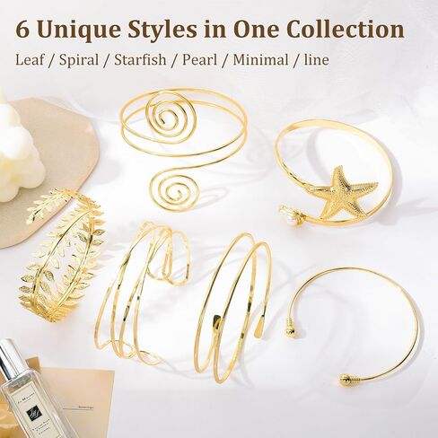 Jardme Adjustable Upper Arm Cuff Bracelets for Women, 6Pcs Gold Silver Boho Bangle Set, Greek Goddess Arm Jewelry for Wedding Party. in Saudi Arabia
