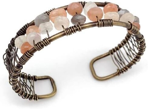 Wire-Wrapped Stone Cuff with Quartz, Antique Brass, Genuine Stone Beads in Saudi Arabia