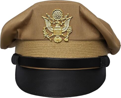 USA Army Crusher Hat, Tan, Cotton, with Gold Metal Insignia and Leather Strap in Saudi Arabia
