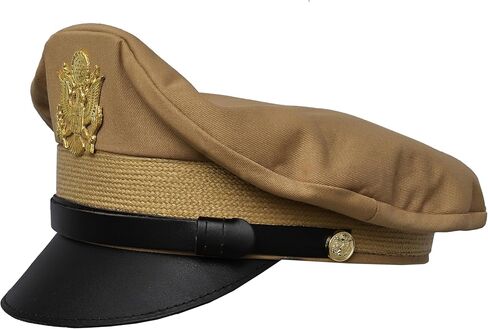 USA Army Crusher Hat, Tan, Cotton, with Gold Metal Insignia and Leather Strap in Saudi Arabia
