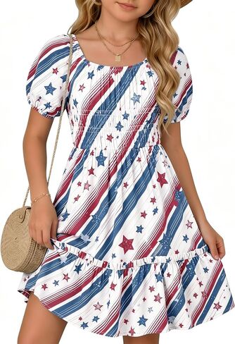 Girl's Floral Dress Kids Short Sleeve Midi Ruffle Flowy Square Neck Independence Day Smocked Casual Summer Sundress in Kuwait