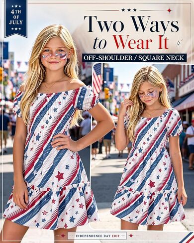 Girl's Floral Dress Kids Short Sleeve Midi Ruffle Flowy Square Neck Independence Day Smocked Casual Summer Sundress in Kuwait