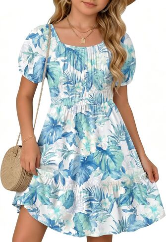 Girl's Floral Dress Kids Short Sleeve Midi Ruffle Flowy Square Neck Independence Day Smocked Casual Summer Sundress in Kuwait