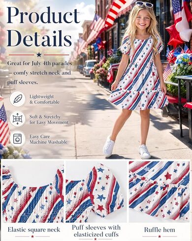 Girl's Floral Dress Kids Short Sleeve Midi Ruffle Flowy Square Neck Independence Day Smocked Casual Summer Sundress in Kuwait
