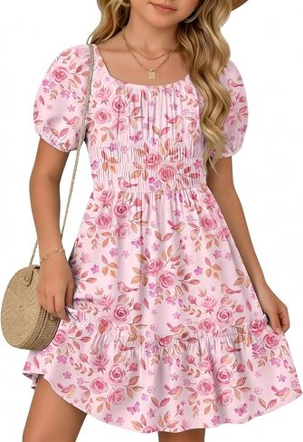 Girl's Floral Dress Kids Short Sleeve Midi Ruffle Flowy Square Neck Independence Day Smocked Casual Summer Sundress in Kuwait