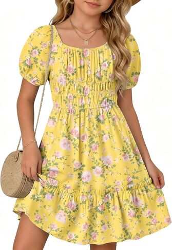 Girl's Floral Dress Kids Short Sleeve Midi Ruffle Flowy Square Neck Independence Day Smocked Casual Summer Sundress in Kuwait