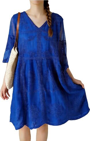 Floral Embroidered V-Neck Midi Dress, 3/4 Sleeve, Light Gray in Saudi Arabia