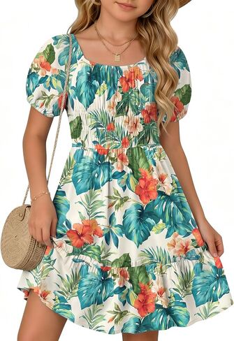 Girl's Floral Dress Kids Short Sleeve Midi Ruffle Flowy Square Neck Independence Day Smocked Casual Summer Sundress in Kuwait