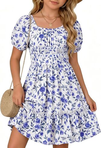 Girl's Floral Dress Kids Short Sleeve Midi Ruffle Flowy Square Neck Independence Day Smocked Casual Summer Sundress in Kuwait