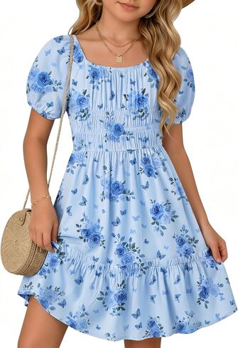 Girl's Floral Dress Kids Short Sleeve Midi Ruffle Flowy Square Neck Independence Day Smocked Casual Summer Sundress in Kuwait