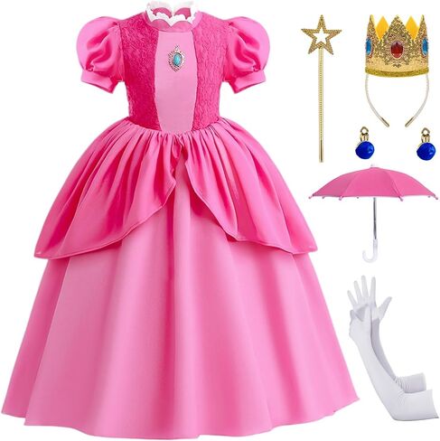 Girls Pink Casual Dress Princess Style Outfit with Accessories Puff Sleeve Party Dress for Birthday Daily Wear in Saudi Arabia