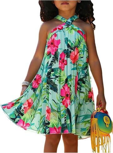 RoseSeek Girl's Tropical Floral Halter Dress A Line Flowy Sun Dress Casual Summer Vacation Outfits in Saudi Arabia