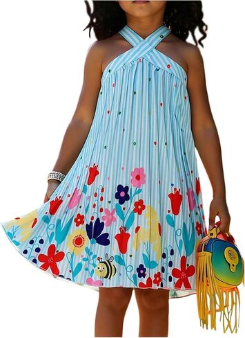 RoseSeek Girl's Tropical Floral Halter Dress A Line Flowy Sun Dress Casual Summer Vacation Outfits in Saudi Arabia