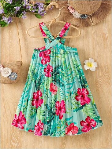 RoseSeek Girl's Tropical Floral Halter Dress A Line Flowy Sun Dress Casual Summer Vacation Outfits in Saudi Arabia