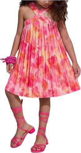 RoseSeek Girl's Tropical Floral Halter Dress A Line Flowy Sun Dress Casual Summer Vacation Outfits in Saudi Arabia