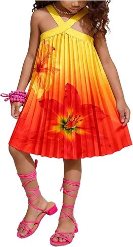 RoseSeek Girl's Tropical Floral Halter Dress A Line Flowy Sun Dress Casual Summer Vacation Outfits in Saudi Arabia