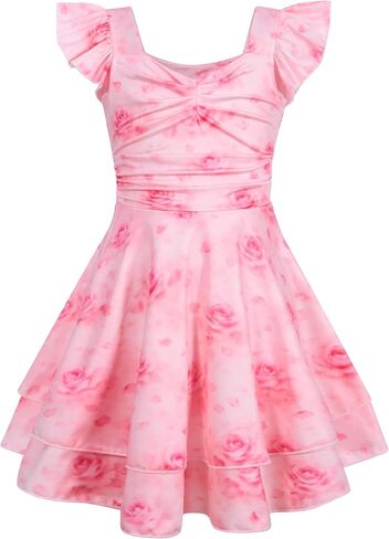 Girls Sleeveless Floral Dresses Ruched Tiered Flowy Swing Tween Summer Dress for Girl 7-16Y in Kuwait