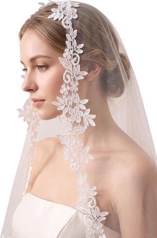 Mantilla Wedding Veil Fingertip Length Bridal Veil with Lace Edge with Comb for Bride in Saudi Arabia