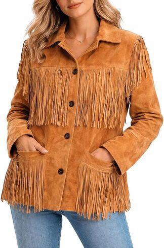 Women’s Suede Leather Fringe Jacket – Western Cowgirl Tassel Coat, Vintage Boho Style Fall Outerwear in Saudi Arabia