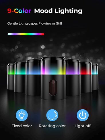 Waterless Essential Oil Diffuser: 𝟗 𝐂𝐨𝐥𝐨𝐫𝐬 𝐋𝐄𝐃 Scent Diffuser for Home&Car&Office - Portable Diffuser with 48H Battery, 4 Timers & 3 Mist Levels, Charcoal Black in Saudi Arabia